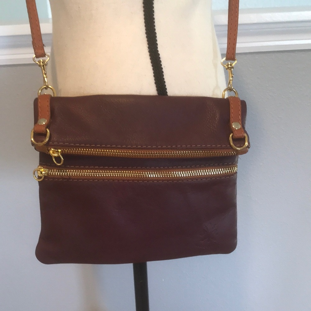 Crossbody Bag Maroon Leather Foldover Made in Italy.